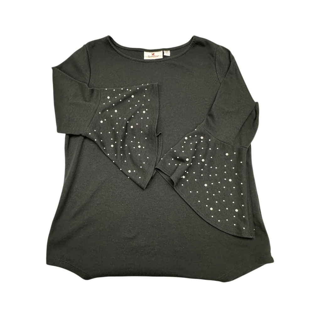 Quacker Factory Shirt Womens Medium Black Pearl Beaded Bell Sleeve 3/4 Tee
